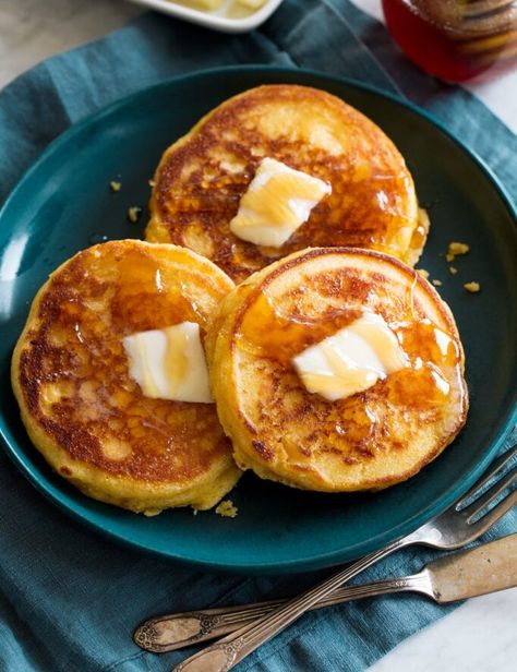 Cornbread Pancakes with Honey Butter Syrup - Cooking Classy Cornbread Pancakes, Johnny Cakes Recipe, Crescent Roll Apple Dumplings, Johnny Cakes, Southern Banana Pudding, Nursing Cake, Johnny Cake, Flour Scoop, Comfort Desserts