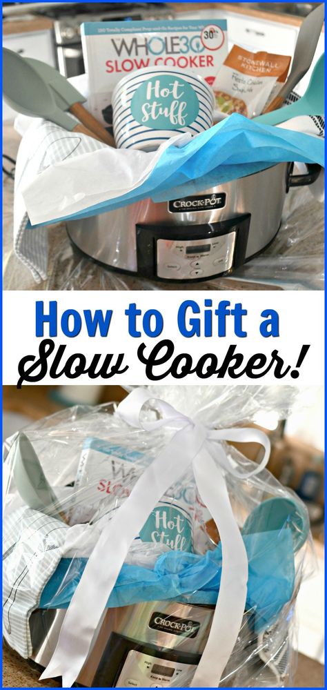 Easy DIY Gift: Make This Gorgeous Slow Cooker Gift Basket Slow Cooker Gift Basket Ideas, Cheap Diy Gift Basket Ideas, Kitchen Theme Gift Basket Ideas, Raffle Set Up Ideas, Crock Pot Gift Basket, Crockpot Baskets Gift Ideas, Fun Raffle Baskets, Crockpot Raffle Basket Ideas, Crock Pot Gift Basket Ideas