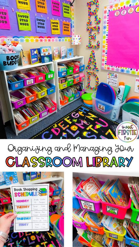 Organizing Classroom Library, Elementary Classroom Library Ideas, Preschool Library Center, Classroom Setup Elementary, Reading Corner Classroom, Preschool Library, Classroom Library Organization, Teaching Organization, Book Bins