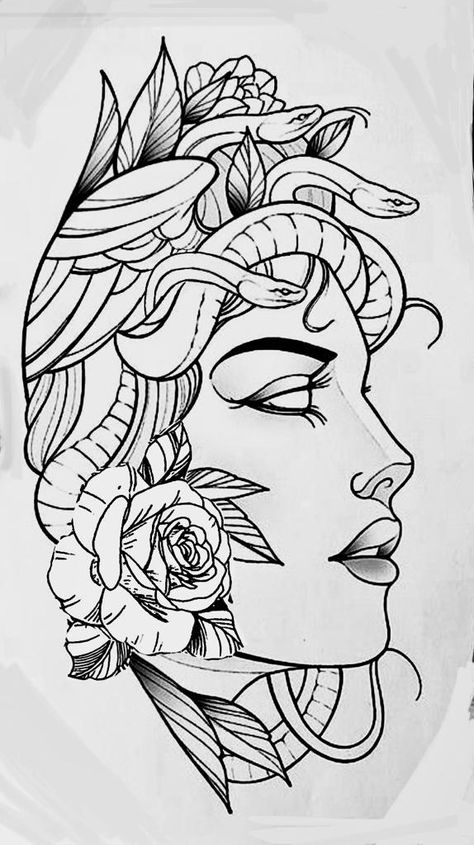 Medusa Tattoo Stencil Outline, Women Tattoos Stencil, Large Tattoo Stencil, Madusa Drawings Simple, Flat Line Tattoo, Medusa Doodle, Medusa Tattoo Design, Free Tattoo Designs, Tattoo Outline Drawing