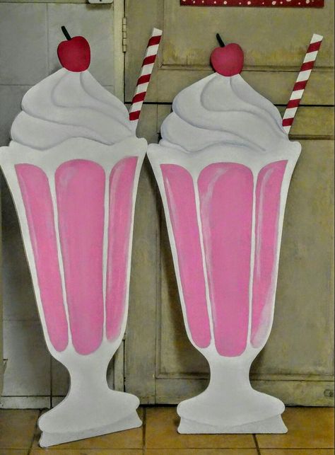 50s Milkshake, Milkshake Painting, Grease Props, Grease Play, 50's Aesthetic, 50s Party Decorations, Grease Themed Parties, Grease Theme, Brick Painting