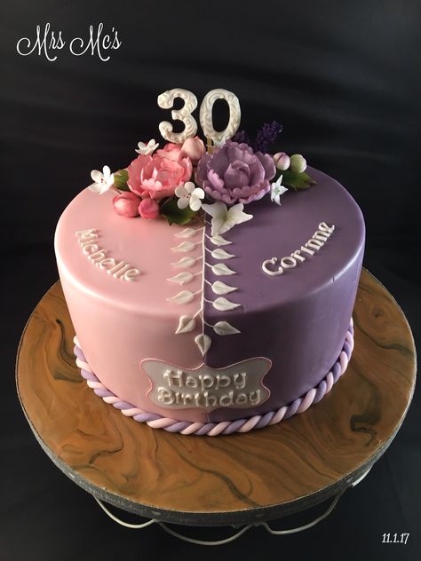 Cake For Twins Adults, 40th Birthday Cake For Twins, Half Half Cake Design, Double Theme Cake, Twin Birthday Cake Ideas, Cake For Twins Girls Birthday, Twins Bday Cake, Double Cake Designs Birthday, Half And Half Cake Birthday