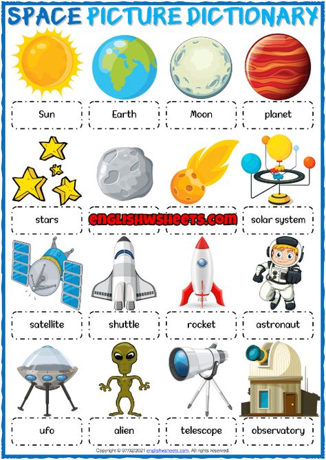 Space Vocabulary ESL Printable Picture Dictionary Worksheet Homeschool Astronomy, Space Vocabulary, Solar System Projects For Kids, Solar System Worksheets, Space Objects, Learning Websites For Kids, Dictionary For Kids, Space Activities For Kids, Kindergarten Pictures