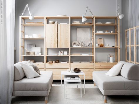 IKEA IVAR Shelves | livethemma.ikea.se | Heath Ashli | Flickr Ikea Ivar Shelves, Ivar Regal, Soft Room, String System, Dark Living Rooms, Studio Spaces, Ikea Ivar, Ikea Living Room, Decor Ikea