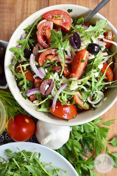 Greek Cucumber, Salad Coleslaw, Salad Arugula, Salad Greek, Eat Greek, Arugula Salad Recipes, Iowa Girl Eats, Spiralizer Recipes, Ambrosia Salad