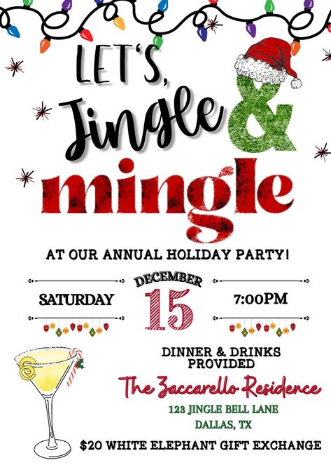 Mingle And Jingle Party Ideas, Christmas Party Invitations Free, Jingle And Mingle, White Elephant Gifts Exchange, Holiday Party Invitations, Christmas Invitations, Christmas Party Invitations, Gift Exchange, White Elephant Gifts