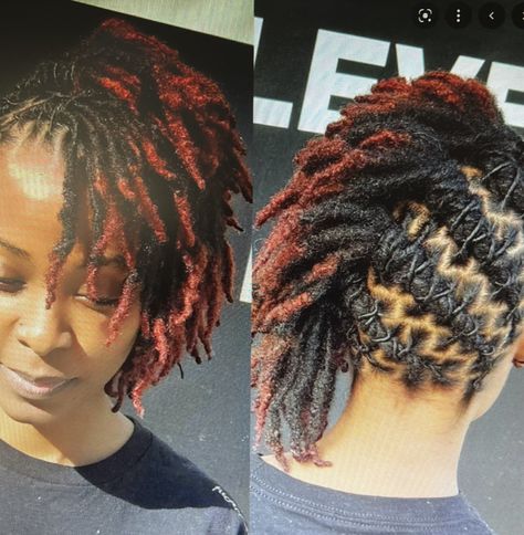 Cute Short Dread Styles For Black Women, Short Loc Color Ideas Black Women, Dreads With Color Black Women, Dread Styles For Short Hair, Barrel Twist Locs Women Half Up Half Down, Elegant Short Loc Styles, Mid Length Loc Styles For Women, Starter Locks Black Women, Loc Short Styles Black Women