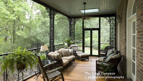 Lovely wrought iron railings on this screened porch Wrought Iron Railings, Custom Porch, Porch Kits, Screened Porch Designs, Balkon Decor, Iron Railings, Pergola Swing, Building A Porch, Enclosed Porches