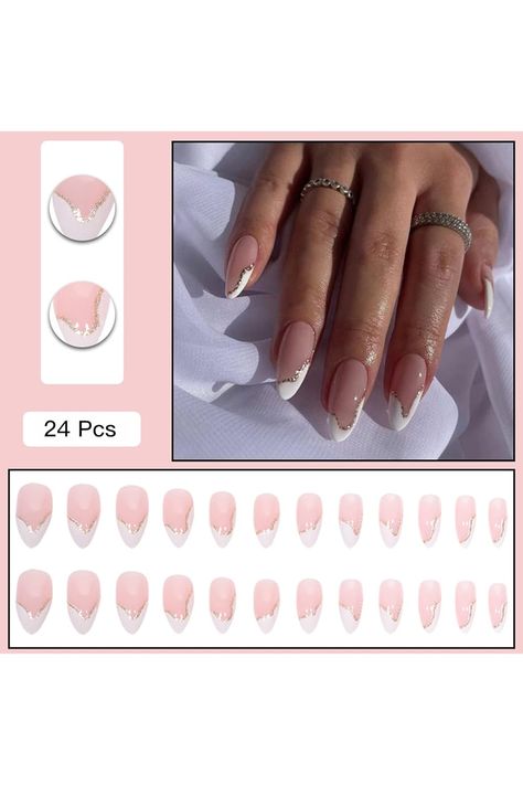 Almond Shape Press On Nails Medium Length with Designs, Apictseoo French Tip Acrylic Nails, White Glossy Nude Stick Full Cover 12 Sizes 24 Pcs Fake False Nail for Women Y-149 Nail Short Almond, French Tip Acrylics, Nail Short, Almond Press On Nails, Kawaii Nail Art, Buff Nails, Press On Nails Medium, Nail Art Salon, Nails Press