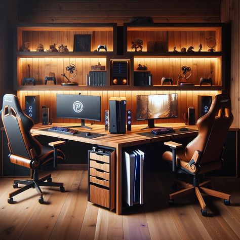 Gaming Room Setup For Two, Software Engineer Office, Dark Office Ideas, Tech Office Design, Gray Room Ideas, Gaming Room Setup Ideas, His And Hers Office, Color In Interior Design, Coffee Office