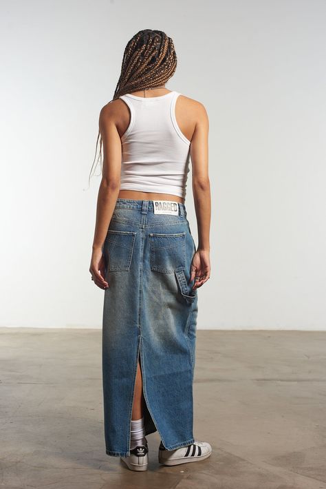 Maxi Skirt Jeans, Black Denim Skirt Outfit, Maxi Skirt Blue, Ragged Jeans, Denim Skirts Knee Length, Long Jean Skirt, Denim Skirt Outfits, White Denim Skirt, The Ragged Priest