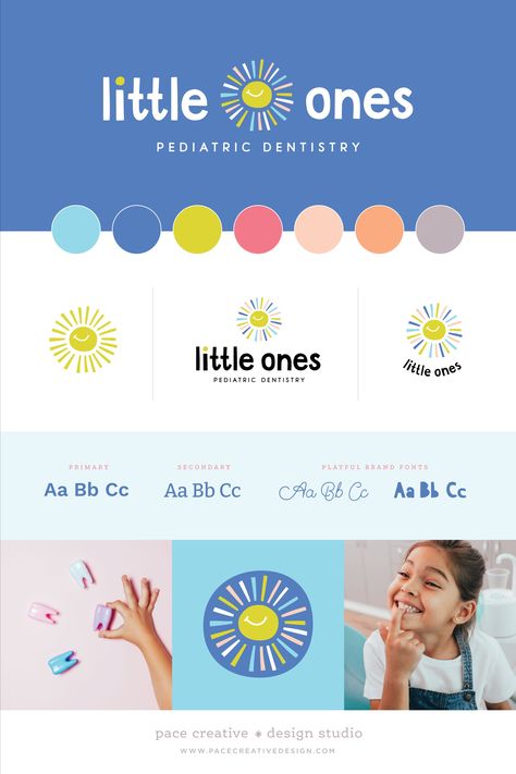 Kindergarten Instagram Post, Pediatric Dentistry Marketing, Bright Logo Design Inspiration, Photographer Logo Ideas Typography, Pediatric Color Palette, Dentist Color Palette, Branding Elements Graphics, Pediatric Dentistry Logo, Fun Palette