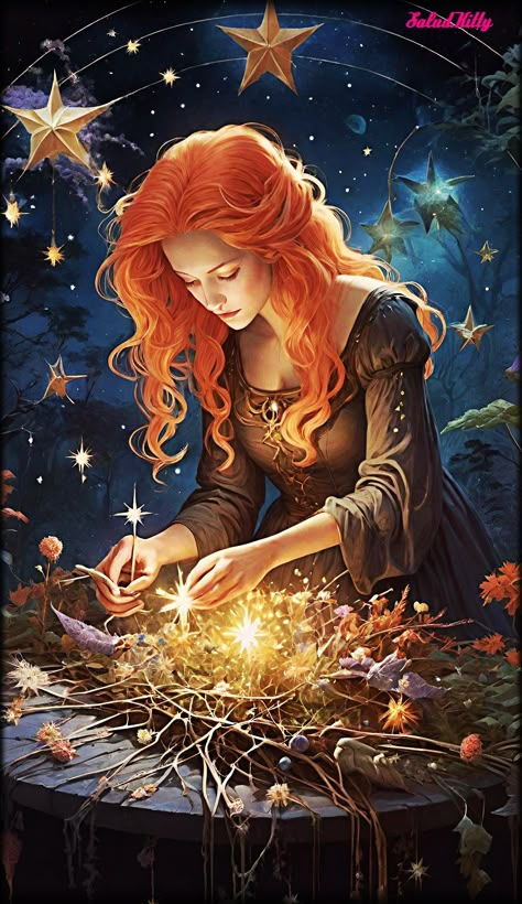 Redhead Witch Fantasy Art, Fire Witch Character Design, Red Haired Witch, Red Head Cartoon, Redhead Art, Alice In Wonderland Characters, Autumn Witch, Moon Witch, Pop Art Illustration