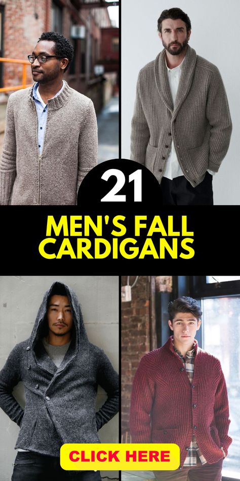 Elevate your autumn fashion game with men's fall cardigans that epitomize versatility and style. Pair fashion sweaters with intricately designed crochet patterns to curate ensembles that resonate. Immerse yourself in the trends of 2023 outfits that perfectly encapsulate the season's essence. Whether it's for professional settings or casual hangouts, our men's fall cardigans cater to diverse scenarios. Discover plus-size options and aesthetic inspirations that embrace individuality. Gray Cardigan Outfit Men, Men’s Cardigan Outfit, Mens Cardigan Outfit, Cream Cardigan Outfit, Dinner Outfit Men, Cardigan Outfit Men, Fall Jacket Trends, Outfits With Grey Cardigan, Cardigan Ideas