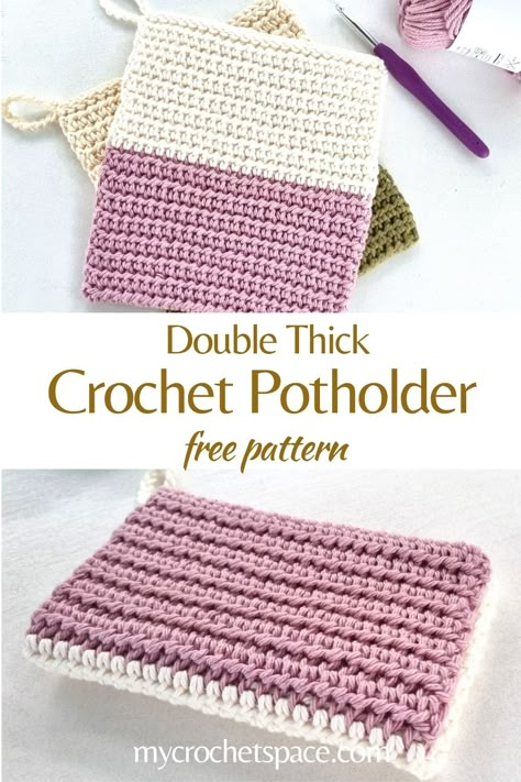 Crochet Double Thick Potholder, Thermal Stitch In The Round, Double Thick Crochet Potholder Pattern, Pot Holder Patterns Free, Thermal Stitch Potholder, Crochet Trivet, Hdc Crochet, Crocheted Potholders, Thermal Stitch