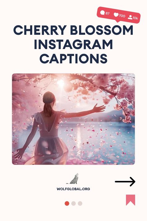 A woman with outstretched arms under cherry blossoms with Instagram engagement icons above.
Graphic listing cherry blossom-themed phrases with checkboxes, a call-to-action button, and a website URL.
Promotional image featuring a joyful woman with a laptop, advertising an Instagram engagement pod. Ig Captions, The Spell, Cherry Blossom Tree, Picture Captions, Instagram Captions, Spring Flowers, Cherry Blossom, Tap, Blossom