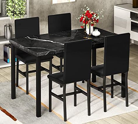 AWQM Faux Black Marble Dining Table with 4 Upholstered Chairs, 5-Piece Dining Room Table Set for Small Space, Breakfast Table Bar Table and Chairs Set for 4, Home & Kitchen Sets Small Black Kitchen Table, Faux Black Marble, Black Marble Dining Table, Black Kitchen Table, Faux Marble Dining Table, Compact Furniture, Dining Room Table Chairs, Marble Dining Table, Dining Room Table Set