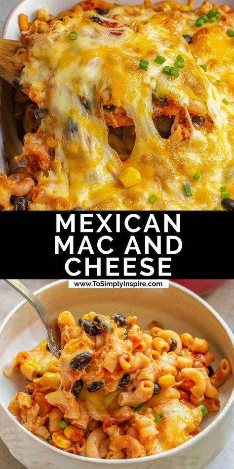 Mexican Mac and cheese is a homemade taco mac with a twist of traditional mac and cheese.  It's an easy dinner to make with simple ingredients of macaroni, beans, corn, tomatoes, and plenty of cheese, it's a perfect hearty meal for a busy nights! Easy Dinner To Make, Mexican Mac And Cheese, Taco Mac, Taco Mac And Cheese, Vegan Tacos Recipes, Best Macaroni And Cheese, Best Macaroni Salad, Best Mac And Cheese, Beef Casserole Recipes