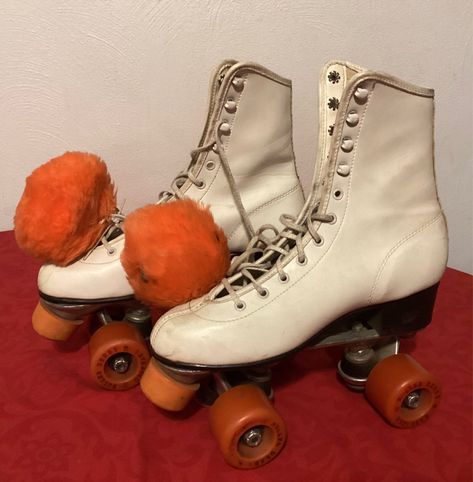 Rare! Vintage! 1970's Roller Derby  White Leather Skates  Womens Sz 7 With Orange Urethane 28 Wheels ** From a smoke-free environment  Condition: Good condition for being at least 40 years old. ** HAVE SOME STAINS/WEAR, BUT NO MAJOR BLEMISHES/DEFECTS  (Refer to pics) ** Baseplates, with Good Bushings..Bearings are still Good. Wheels spin freely.  Refer to pictures for more condition detail. THE ITEM YOU SEE PICTURED IS THE ITEM THAT YOU WILL RECEIVE!! Orange Roller Skates, Red Roller Skates, Roller Rink, Skating Rink, Roller Derby, Roller Skates, Book Girl, Magical Girl, 40 Years