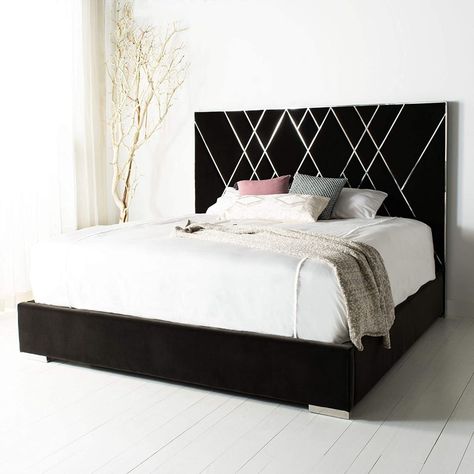 Simple Beds, Eclectic Bed, Black Upholstered Bed, Velvet King Bed, Bed Back Design, Bed Headboard Design, Future Bedroom, Silvery Blue, Velvet Upholstered Bed