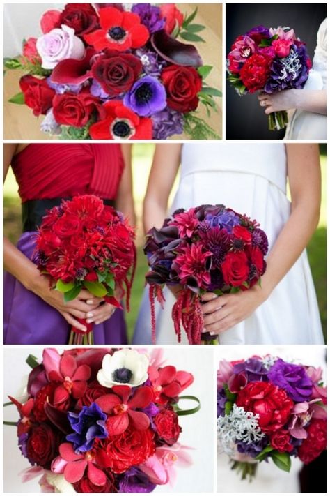 red and purple Jukebox Wedding, Red Purple Wedding, Red And Purple Wedding, Winter Wedding Centerpieces, Purple Bouquets, Wedding Colors Red, Purple Wedding Bouquets, Purple Wedding Theme, Red Wedding Flowers