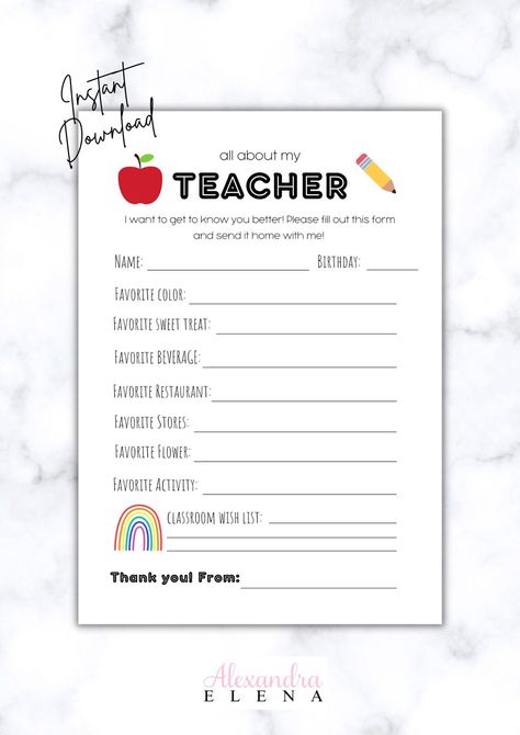 School Memory Book Printables, Teacher Rp, Future Dairy, All About My Teacher, Teacher Questionnaire, About My Teacher, Preschool First Day, Male Teacher Gifts, Book Printables