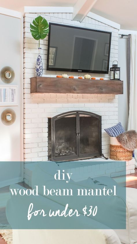 wood beam mantel diy. See how I added a wood beam mantel to my brick fireplace for under $30. Mantel Diy, Above The Fireplace, White Brick Fireplace, Diy Mantel, Fireplace Redo, Painted Brick Fireplace, Diy Fireplace Makeover, Fireplace Update, Brick Fireplace Makeover