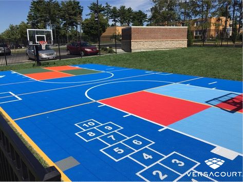 Multi-Sport Game Court, Basketball, Hopscotch, Four Square, Commercial Courts Backyard Court, Home Basketball Court, Basketball Court Backyard, Backyard Basketball, Outdoor Basketball Court, Deck Designs Backyard, Backyard Playground, Diy Deck, Landscape Plans