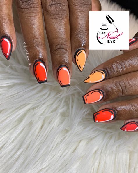 Crayon Nail Art, Crayon Nails, Comic Nail Art, Cartoon Nails, Back To School Nails, Abstract Nail Art, School Nails, Orange Nails, Nail Bar