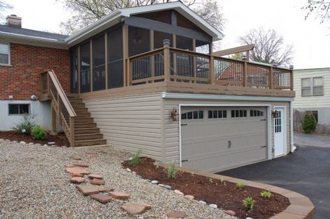 Sunroom Garage. Unlike screen sunrooms that offer minimal protection from the cold, three season sunrooms can extend the seasons, which in the St. Louis area, can mean something different to everyone. Sunroom Above Garage, Sunroom Over Garage, Garage With Sunroom Above, Under Deck Garage, Front Entry Landscaping, Split Level Remodel Exterior, Screened In Deck, Garage Roof, 4 Season Room