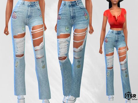 Sims 4 — Straight Leg Applique Mom Jeans by saliwa — Straight Leg Applique Mom Jeans 3 swatches Sims 4 Cc Clothes Sweaters, Sims 4 Cc Teen Girl Clothes, Sims 4 Baggy Jeans Cc, Sims 4 Cc Jeans Patreon, The Sims 4 Jeans, Teenager Style, Mods Sims 4, Sims 4 Piercings, Sims Inspiration