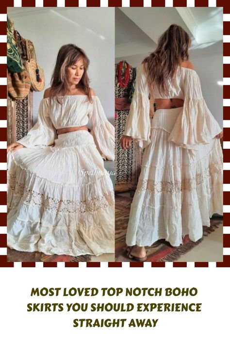 Two Piece Boho Outfit, Boho Skirt And Top, Boho Long Skirt Outfit, Long Boho Skirt Outfit, Romani Fashion, Boho Birthday Outfit, Boho Inspired Outfits, Boho Skirt Outfit, White Boho Skirt