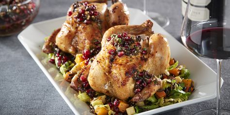 Cornish Hen Thanksgiving, Thanksgiving Cornish Game Hen Recipes, Rice Stuffed Cornish Hen Recipe, Cornish Hen Recipes, Hen Recipes, Cornish Game Hen Recipes, Thanksgiving Menu Recipes, Autumn Foods, Pomegranate Vinaigrette