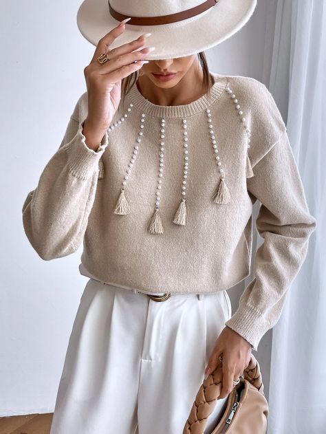 Pearls Beaded Tassel Trim Drop Shoulder Sweater | SHEIN USA Plum Sweater, Winter Knitwear, Drop Shoulder Sweater, Coachella Dress, Cream Knit Sweater, Work Chic, Holiday Party Dresses, Preppy Casual, Drop Shoulder Sweaters