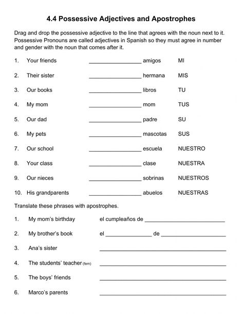 Spanish Possessive Adjectives Worksheet, Apostrophes Worksheet, Possessive Adjectives Spanish, Multiplying Fractions Word Problems, Spanish Adjectives, Third Grade Worksheets, Fraction Word Problems, Possessive Adjectives, Possessive Pronoun