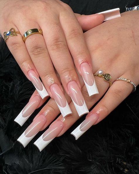 French Tip Acrylic Nails Tapered Square, Long White French Tip Nails, Perfect French Tip, Classy Acrylic, White French Tip, Tapered Square, Classy Acrylic Nails, Long Acrylic Nails Coffin, Dark Skin Beauty