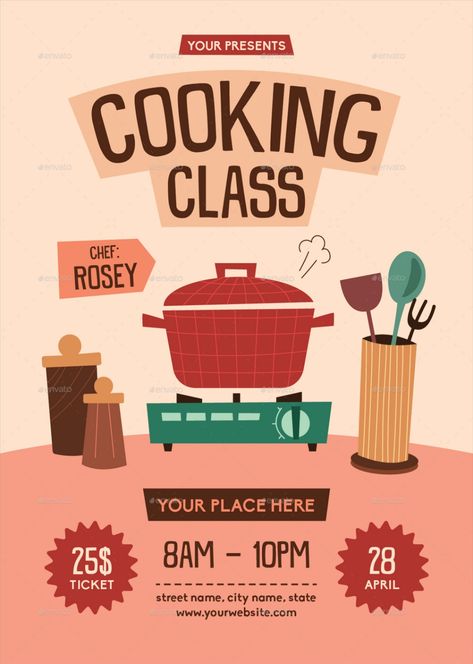 Cooking Class Flyer Advertisement Poster For School Project, Cooking Class Flyer, Advertisement Ideas For School Project, Cooking Graphic Design, Aesthetic Advertisement, Aesthetic Flyer, Pamplet Design, Cooking Classes Design, Class Poster Design