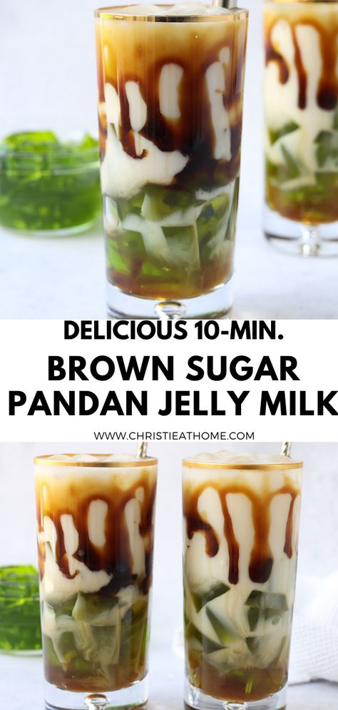 Brown Sugar Pandan Jelly Milk. A delicious cold ice beverage with your choice of milk, brown sugar syrup, and pandan jelly cubes. Easy to make at home and fantastic for dessert. This drink does not contain caffeine and is perfect for a sweet treat. Ready in 10-minutes! It can be made vegan if you used plant based milk. #drink #drinks #vegan #plantbased #beverage #pandan #milktea #milk #brownsugar #grassjelly #jellymilk #jelli #dessert #vegandessert #delicious #food #recipe #asianfood #asian Pandan Milk Tea, Pandan Jelly Dessert, Pandan Drink Recipe, Milk Based Drinks, Pandan Drink, Filipino Drinks, Pandan Jelly, Filipino Sweets, Mixology Recipes