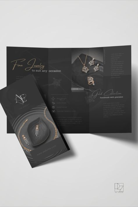 Elevate your jewelry brand's marketing with this luxurious trifold brochure Canva template, meticulously designed for jewelers who specialize in high-end, fine jewelry. This elegant template is perfect for showcasing your most exquisite collections in a way that reflects the opulence and sophistication of your pieces. Black Brochure, Elegant Template, Trifold Brochure Template, Trifold Brochure, Expensive Jewelry, Luxurious Design, Jewelry Business, Brochure Design, Brochure Template