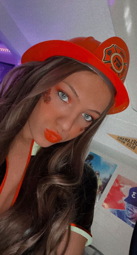 Firefighter makeup, firefighter accesories, trendy costumes, halloween costumes for girls Firefighter Makeup Halloween, Firefighter Makeup, Trendy Costumes, Firefighter Costume Women, Fireman Costume, Halloween Costum, Girl Firefighter, Firefighter Costume, Senior Pranks