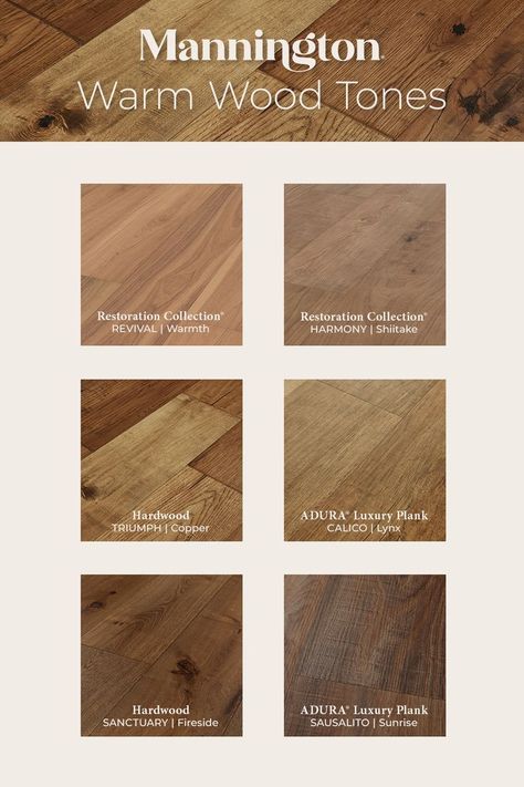 A an image featuring six different swatches of warm wood toned flooring options available at Mannington Shed To Cabin Conversion, Mannington Flooring, Flooring Options Durable, Warm Wood Tones, Joy Of Living, Neutral Interiors, Wood Tones, Durable Flooring, Autumn Season