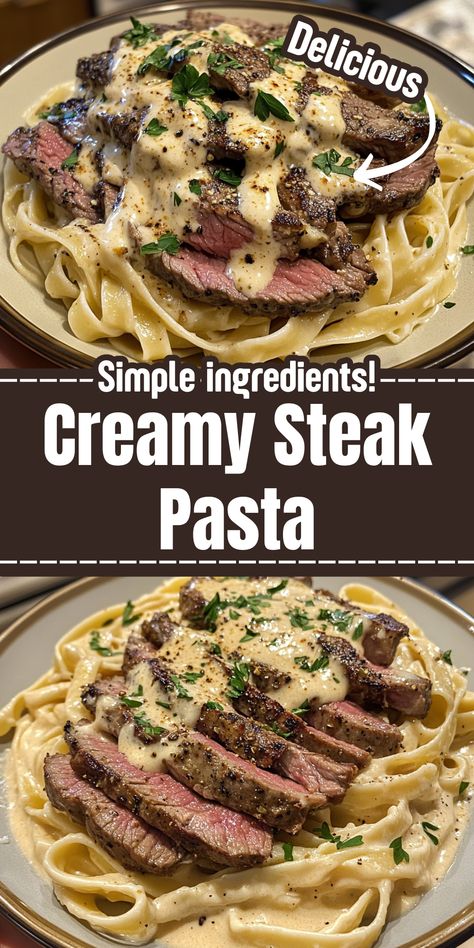 Indulge in this creamy steak pasta recipe that combines tender steak and rich pasta in a luscious sauce. Perfect for a cozy dinner or special occasion, this steak and pasta meal is sure to impress. The creamy sauce elevates the flavors of the steak, creating a delightful contrast with the pasta. With simple ingredients and easy steps, this creamy steak pasta recipe offers a delicious blend of savory steak and comforting pasta, making it a must-try for steak lovers and pasta enthusiasts alike. Try this mouthwatering steak and pasta dish today! Steak Pasta Recipes Healthy, Steak Mushroom Pasta Recipes, Flank Steak Pasta, Steak Mushroom Pasta, Steak Pasta Dinner Ideas, Ribeye Pasta, Creamy Steak Pasta Recipes, Stake Pasta, Steak And Noodle Recipes