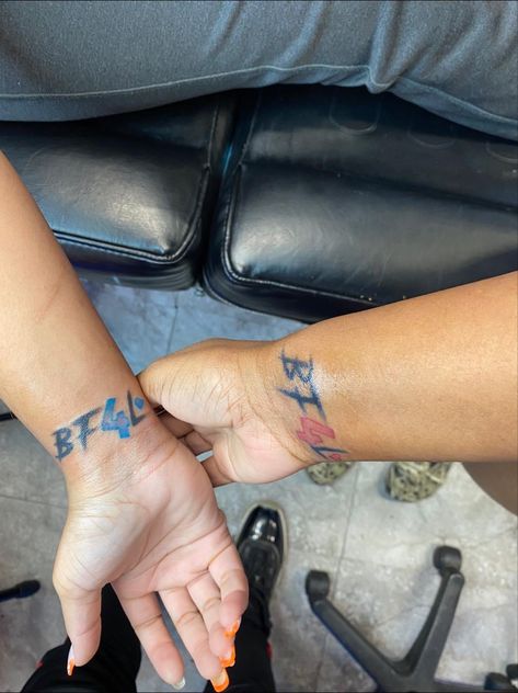 Tattoos for besties! 4Lifers 💙 For Lifers Tattoos, Matching Tattoos For Best Friends Male And Female, Home Town Tattoo Ideas, Matching Tattoos For Boy Best Friends, Male Matching Tattoos, Matching Tattoo Brother And Sister, Matching Tattoos Wrist, Matching Tattoos For Best Friends Men, Matching Tattoos For Best Friends Black