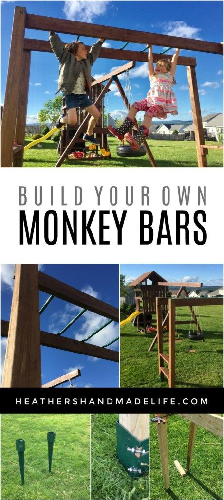 DIY monkey bars {Heather's Handmade Life} #DIY #outdoors #backyard #outdoorDIY #DIYplayground #monkeybars Diy Monkey Bars, Backyard Jungle Gym, Playground Landscaping, Backyard Playset, Monkey Bar, Diy Playground, Rope Ladder, Homesteading Skills, Jungle Gym