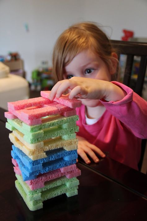 What can you do with a bunch of sponges?????    Sponge towers!! This tower turned into a game of "Colour Jenga ". We both had a colour of ou... Indoor Activities, Stem Activities, Kids Entertainment, Business For Kids, Cool Diy, Craft Activities, Summer Activities, Early Childhood, Toddler Activities