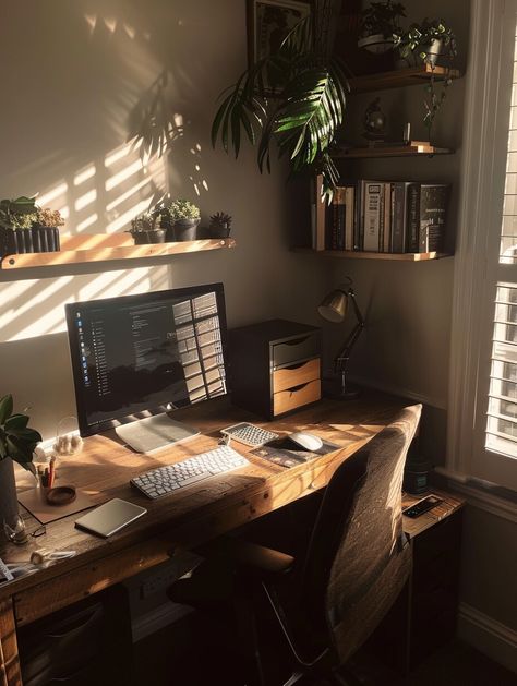 20 Aesthetic Work Desk Ideas to Create Your Perfect Workspace Ikea Fjallbo Desk, Desk Ideas Dark Academia, Cozy Minimal Desk Setup, Dark Wood Desk Setup, Cozy Desk Setup For Small Spaces, Dark Academia Workspace, Dark Brown Desk Aesthetic, Dark Wood Desk Aesthetic, Black Office Aesthetic