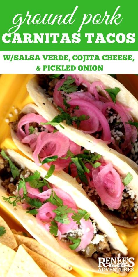 Ground Pork Carnitas Tacos by Renee's Kitchen Adventures - easy homemade taco recipe made with seasoned ground pork, salsa verde, cotija cheese, cilantro and pickled onions for carnitas in about 30 minutes!  Perfect dinner or lunch recipe to celebrate Cinco de Mayo! #tacos #porktacos #carnitas #groundporktacos #groundporkcarnitas #Mexicanfood Pork Salsa Verde, Ground Pork Tacos, Best Superbowl Food, Texas Recipes, Pork Carnitas Tacos, Migraine Diet, Ground Pork Recipes, Carnitas Tacos, Pork Recipes For Dinner