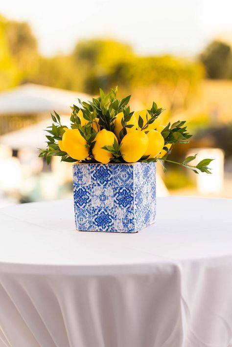 An Amalfi Coast Dream Wedding at Newport Beach - ElegantWedding.ca Amalfi Coast Centerpiece, Amalfi Coast Inspired Wedding, Capri Inspired Party, Amalfi Wedding Theme, Lemon Centerpiece Ideas, Amalfi Coast Party, Amalfi Coast Decor, Amalfi Coast Theme Party, Amalfi Coast Italy Aesthetic