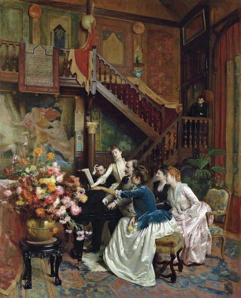 Gathered around a Musical Score (Jules Massenet Rehearsing Manon with American Soprano Sibyl Sanderson in Pierre Loti's drawing room Albert Aublet, Nostalgic Art, Academic Art, Historical Painting, Classic Paintings, Literature Art, Historical Art, Elegant Art, Romantic Art