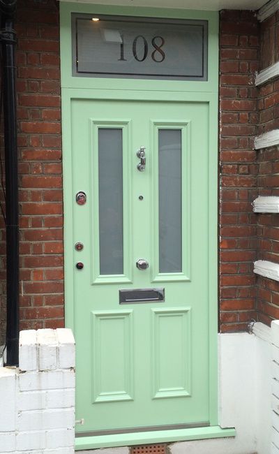 Green front door with obscure glazing. Light Green Door Entrance, Lime Green Doors Exterior, Mint Green Front Door, Mint Door Exterior, Mint Green Door, Frenchic Wise Old Sage Front Door, Bright Green Door, Glass Door Coverings, Bright Front Doors